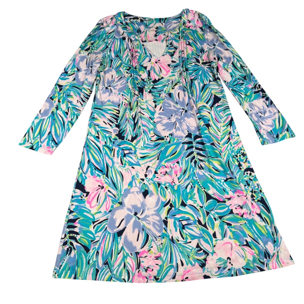 Lilly Pulitzer Marlowe Long Sleeve Tropical Floral V-Neck Shift Dress Small
